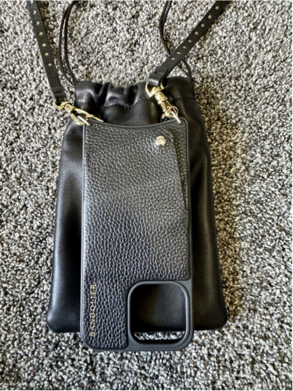 BANDOLIER Black Leather Phone Case with Strap One Size & Black Drawstring Bag